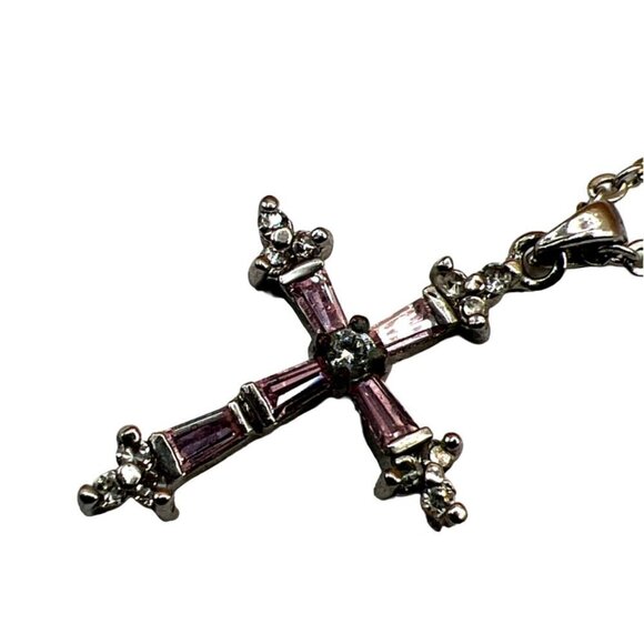 Vintage-Inspired Cookie Lee Cross Necklace With Pink & Clear Rhinestones. B76 - Picture 11 of 14